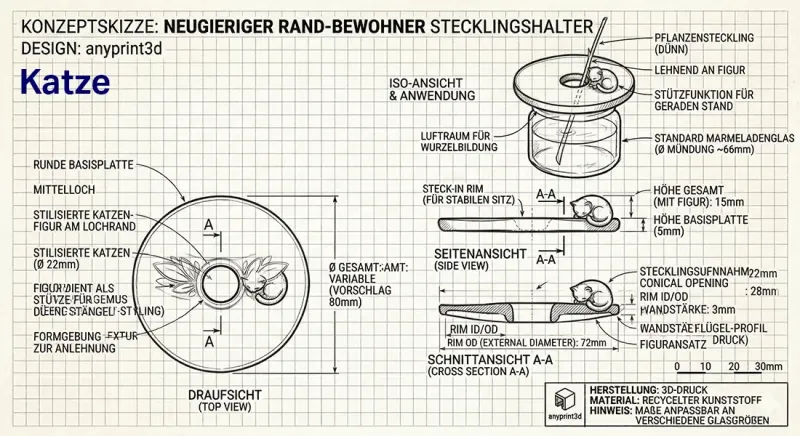 anyprint3d Stecklingshalter Katze 3D-Druck Skizze Maße